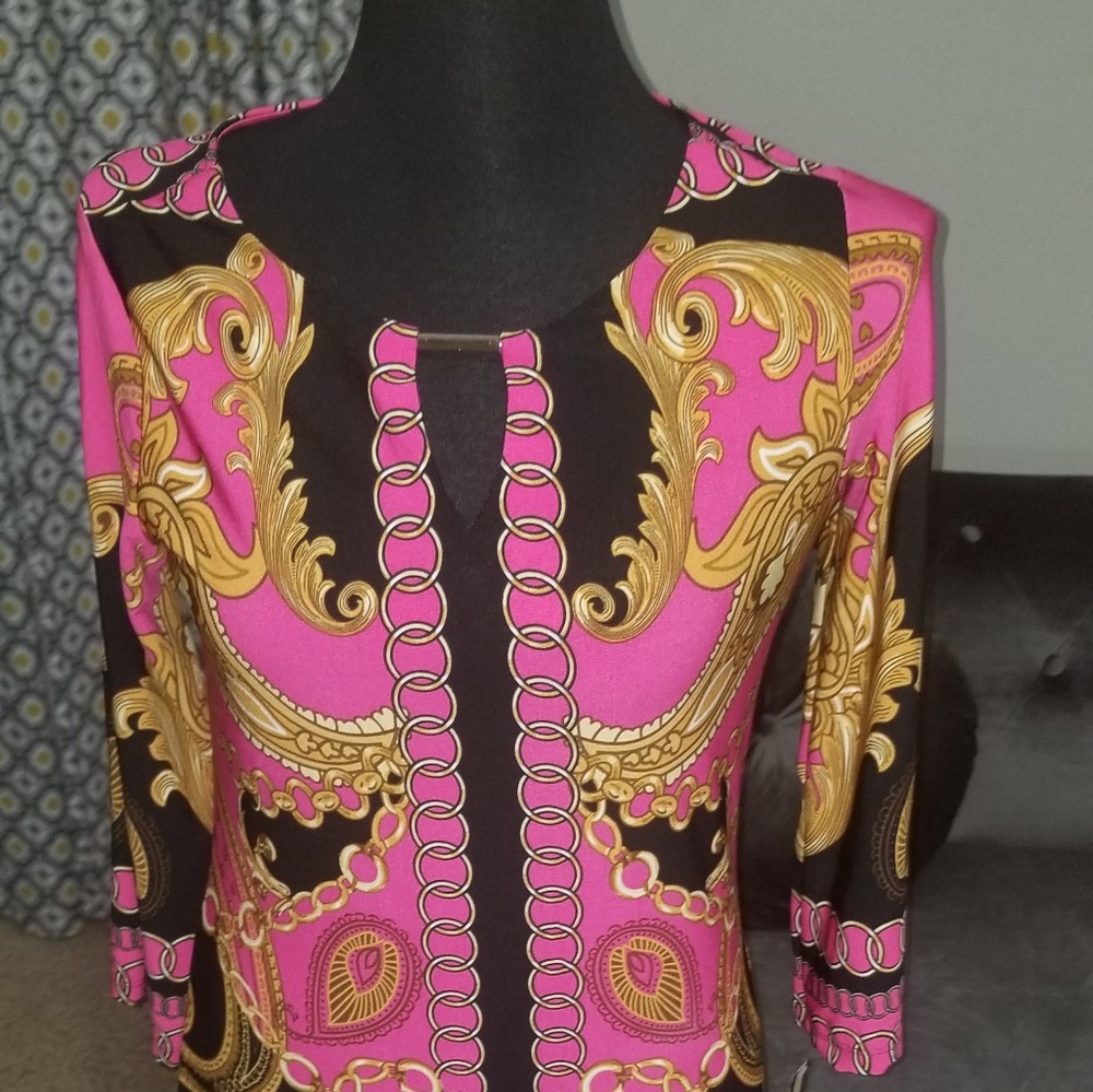 Pink and gold print dress